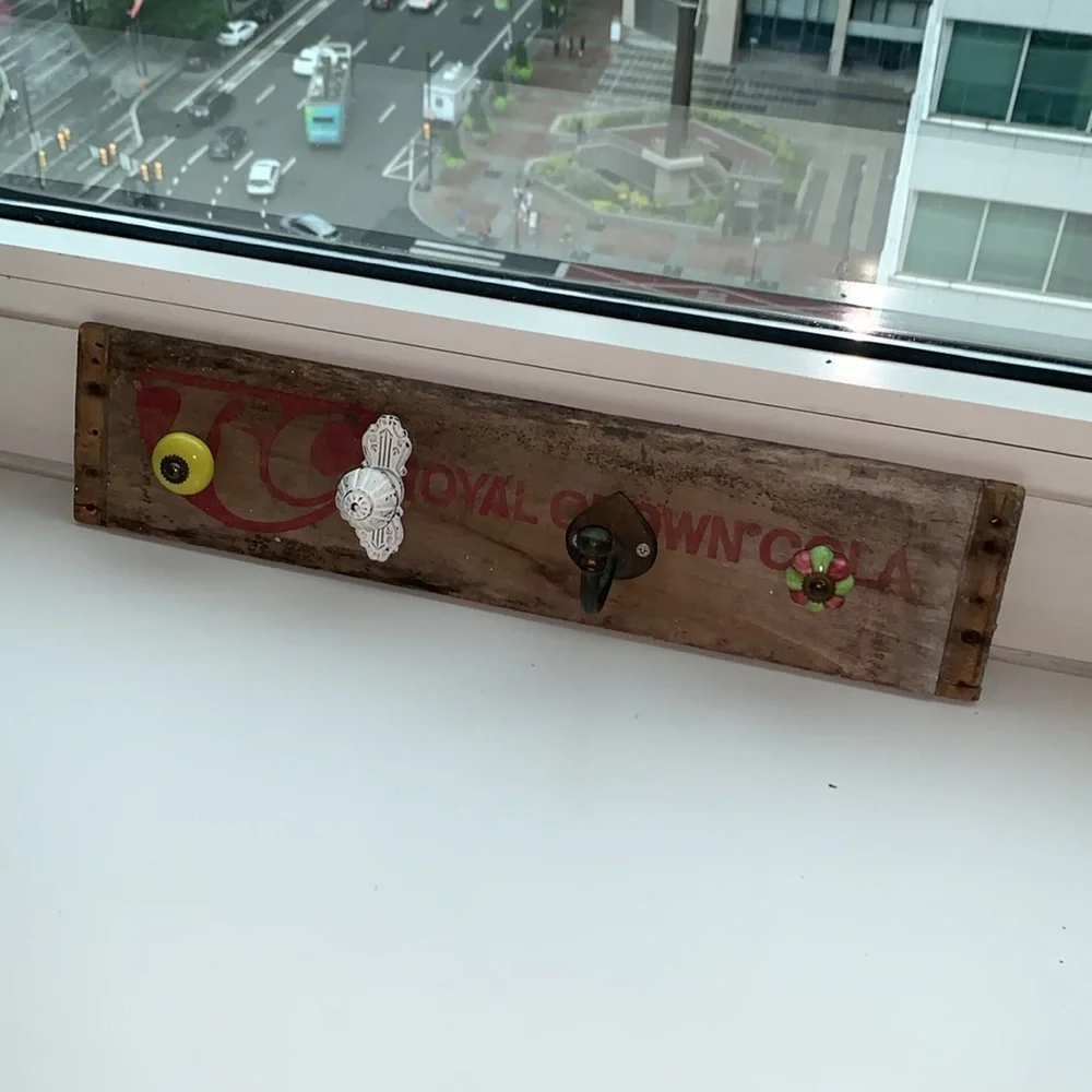 Handcrafted and upcycled RC Royal Crown Cola wooden sign and 4 hook hanger
